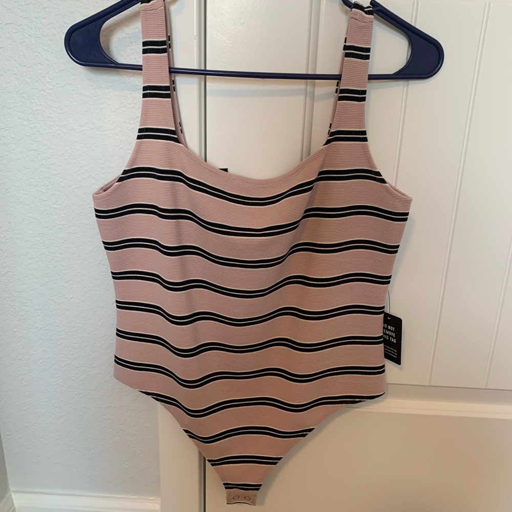 NWT. Black, pink and white striped ribbed bodysuit. Size petite S.
